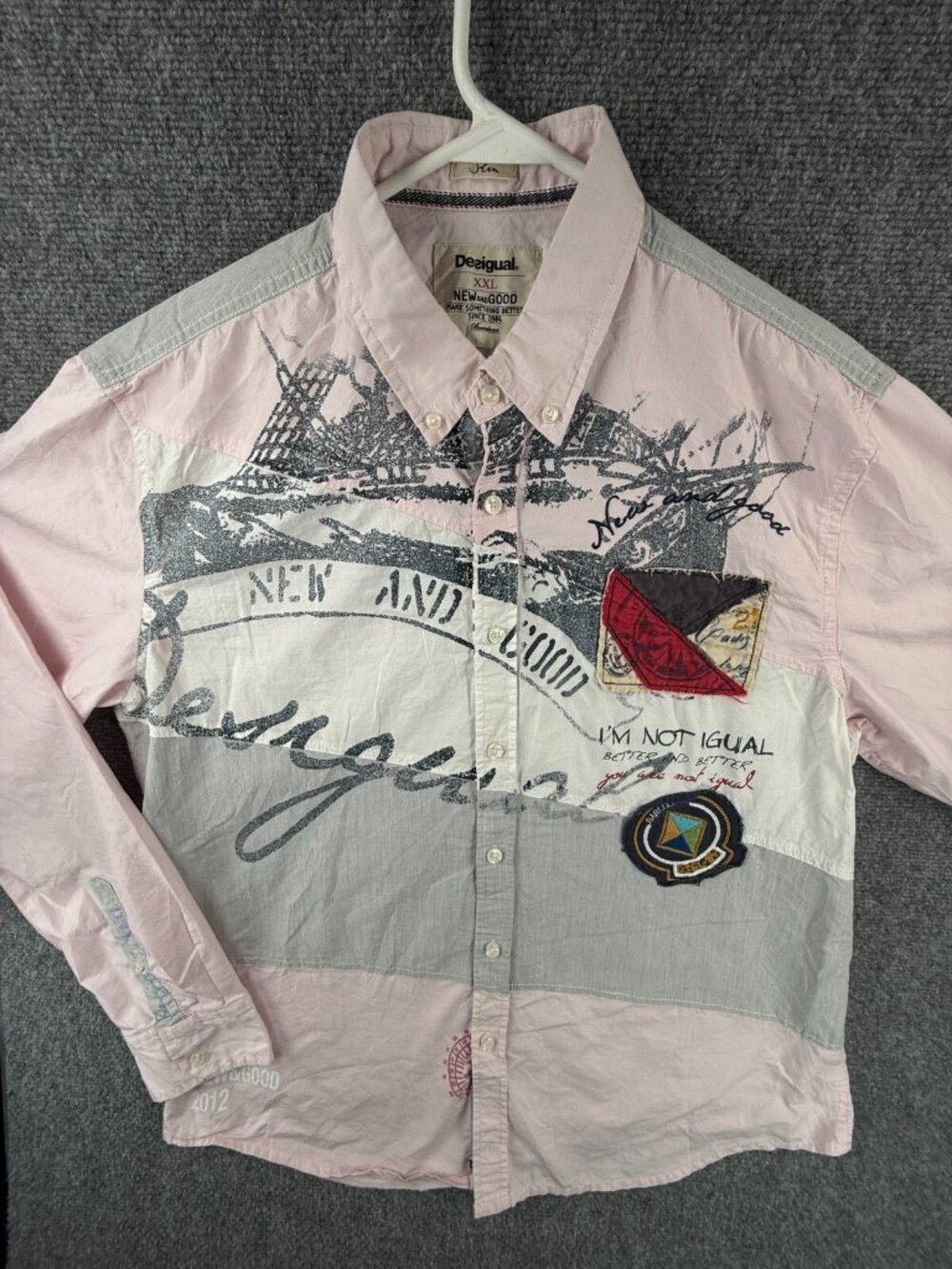 Desigual Slim Fit Pink 2XL Button Up Shirt Men Barcelona Graphic Embroidered